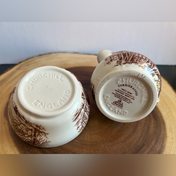 Churchill Currier & Ives “Mill Dam” Sugar Bowl w/Lid & Creamer Made in England - Picture 7 of 10